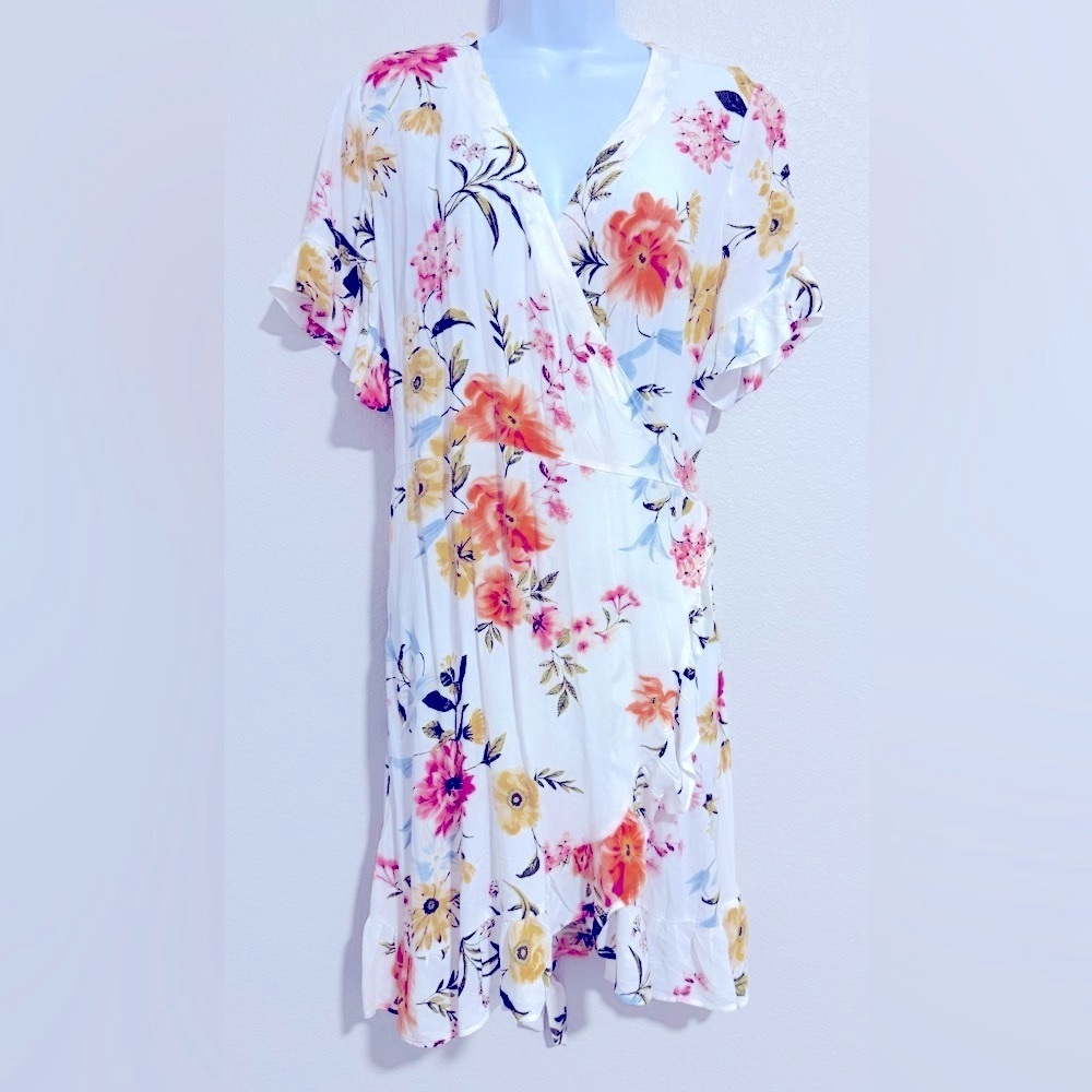 LOFT Pink and Orange Midi Sundress with Flutter Sleeves